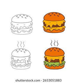 ilustração vetorial de um conjunto de hambúrgueres. Vetor de hambúrguer quente com vapor, derretimento de queijo em estilo plano e linha. Um pacote de vetor de hambúrguer, um hambúrguer de desenho animado quente a vapor, cor de enchimento e versão de contorno. 