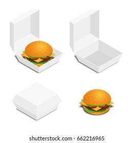 Vector illustration. Set of hamburger icons with an open and closed white box for fast food restaurants. Isometric, 3D.