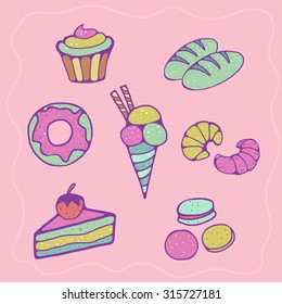 vector illustration Set of Hand draw bakeries, sweet and cute, cupcake, bread, ice cream, croissant, macaroon, donuts, isolated   