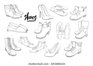 Vector illustration of Set hand drawn graphic Men and women Footwear, shoes. Casual and sport style, gumshoes. Moccasins, sneakers, boots, pumps. Doodle, drawing Design isolated object.