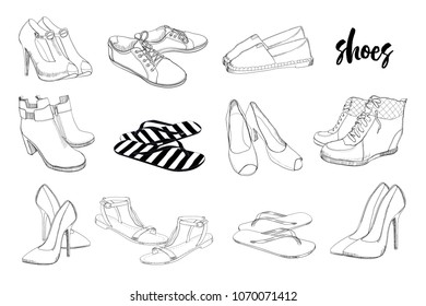 Vector illustration of Set hand drawn graphic Men and women Footwear, shoes. Casual and sport style, gumshoes. Moccasins, sneakers, boots, pumps. Doodle, drawing Design isolated object.