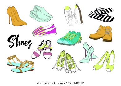 Vector illustration of Set hand drawn graphic Men and women Footwear, shoes. Shoe for casual, sport and classical style, gumshoes, boots for all seasons. Doodle, drawing colorful of isolated object.