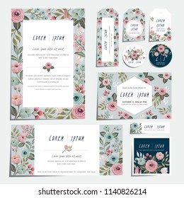Vector illustration set of hand drawn floral cards for wedding, anniversary, birthday parties. Design for icons, web design, print project for banner, poster, invitation, brochure and scrapbook. 