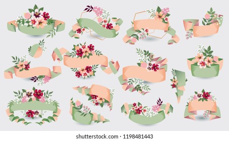 Vector illustration set of hand drawn floral ribbons for wedding, anniversary, birthday and party. Design for banner, poster, card, invitation, brochure and scrapbook