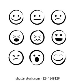 Vector Illustration Set Of Hand Drawn Emojis Faces. Doodle Emoticons, Ink Brush Icon On A White Background.