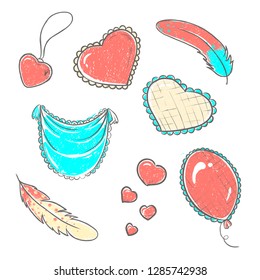 Vector illustration. Set of hand drawn hearts in doodle style.