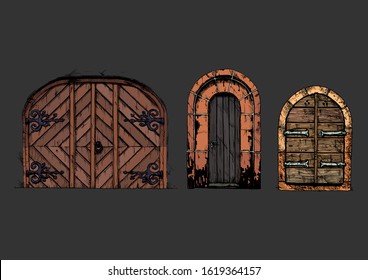 Vector illustration set of hand drawn middle age vintage doors. Isolated on black background.  