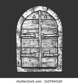 Vector illustration set of hand drawn middle age vintage door. Isolated on black background.  