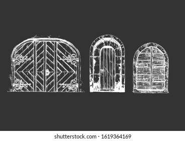 Vector illustration set of hand drawn middle age vintage doors. Isolated on black background.  