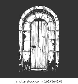 Vector illustration set of hand drawn middle age vintage door. Isolated on black background.  