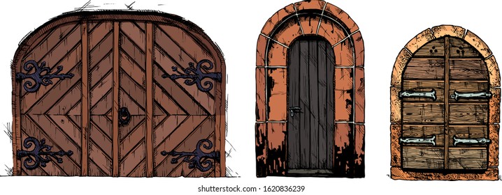 Vector illustration set of hand drawn middle age vintage doors. isolated on white background.  
