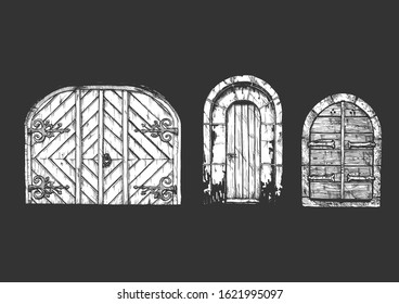 Vector illustration set of hand drawn middle age vintage doors. Isolated on black background.  