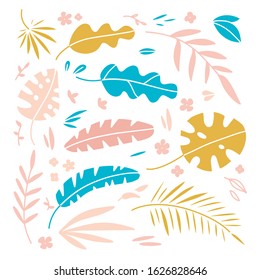 Vector illustration set of hand drawn plants and palm leaves for design. Flat hand drawn scandinavian style.