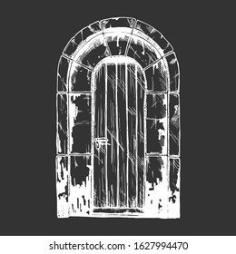 Vector illustration set of hand drawn middle age vintage door. Isolated on black background.  