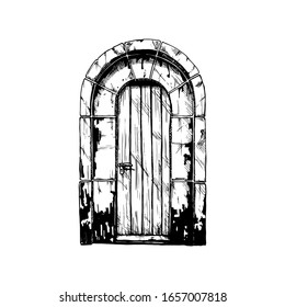 Vector illustration set of hand drawn middle age vintage door. Black and white, isolated on white. 