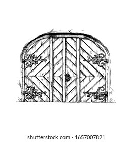 Vector illustration set of hand drawn middle age vintage door. Black and white, isolated on white. 