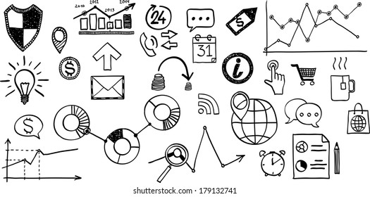 Vector illustration of set of hand drawn business, finance elements