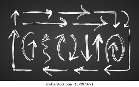 Vector illustration: Set of Hand drawn white arrows on chalkboard  background.