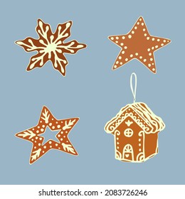 Ilustración vectorial conjunto de galletas de jengibre de navidad dibujadas a mano con hielo sobre el fondo azul
