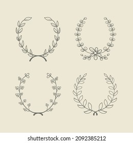Vector illustration set of hand drawn with floral wreath. Isolated objects on cream background.