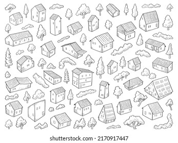 vector illustration set of hand drawn house isolated on white background.