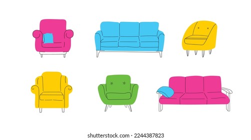 Ilustración vectorial conjunto moderno minimalista de asientos de sofá de mobiliario, moderno y acogedor sillón de diferente color, sala de estar amueblada interior para casa, apartamento