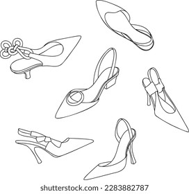 Vector illustration of set hand drawn graphic women shoes. Sketch, drawing design isolated object.