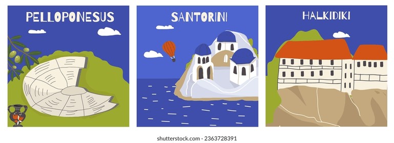 Vector illustration set of hand drawn cards, landmarks, attractions, sighns, symbols of Greece in doodle style. Tourism, travel.