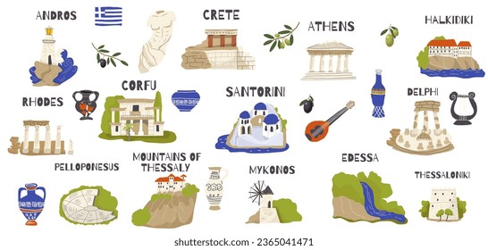 Vector illustration set of hand drawn doodle style landmarks, sights, symbols of Greece. Tourism, travel.