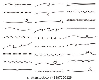 Conjunto de ilustraciones vectoriales de cuadros de líneas dibujadas a mano. Escritura a mano, líneas, cintas, corazones