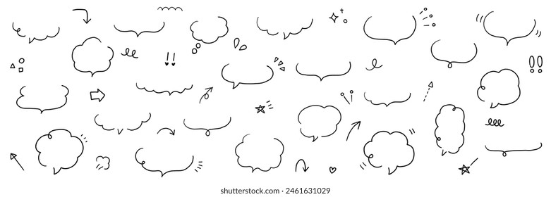 Vector illustration set of hand drawn speech bubbles and icons. Frame, doodle, speech bubble, handwriting, freehand