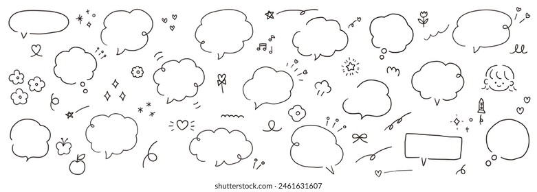 Vector illustration set of hand drawn speech bubbles and icons. Frame, doodle, speech bubble, handwriting, freehand