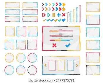 Vector illustration. Set of hand drawn polygonal buttons, screen and interface elements. Design for menu, home screen, video template. Childish retro style bundle