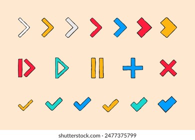Ilustración vectorial. Conjunto de Botones poligonales dibujados a mano. Elementos de diseño Video Plantillas de menú, pantalla de inicio, Estilo retro infantil. Flechas, marcas de verificación, pausa, reproducir colección de Botón