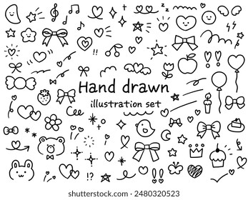 Vector illustration set of hand drawn cute decorative illustrations. Hearts, animals, stars, flowers, ribbons, strawberries