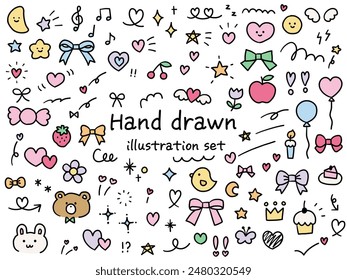 Vector illustration set of hand drawn cute decorative illustrations. Hearts, animals, stars, flowers, ribbons, strawberries