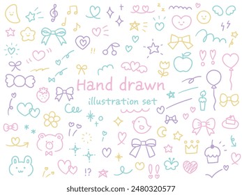 Conjunto de Ilustración vectorial de ilustraciones decorativas dibujadas a mano. Corazones, animales, estrellas, flores, cintas, fresas