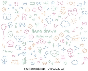 Vector illustration set of hand drawn cute decorative illustrations. Birds, bears, flowers, hearts, ribbons, rabbits