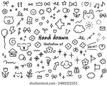 Vector illustration set of hand drawn cute decorative illustrations. Birds, bears, flowers, hearts, ribbons, rabbits