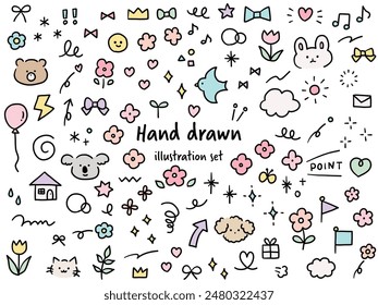 Vector illustration set of hand drawn cute decorative illustrations. Birds, bears, flowers, hearts, ribbons, rabbits