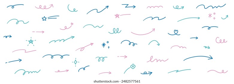 Vector illustration set of hand drawn arrow and ornament icons. Star, heart, ornament, glitter