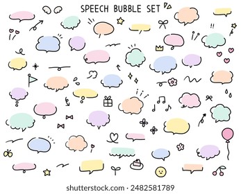 Conjunto de Ilustración vectorial de burbujas de voz dibujadas a mano y adornos. Decorativo, simple, marco, globo de voz