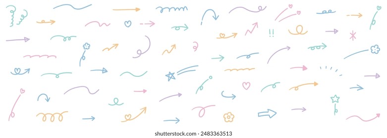 Conjunto de Ilustración vectorial dibujado a mano de la flecha y adorno iconos. Estrella, corazón, ornamento, brillo
