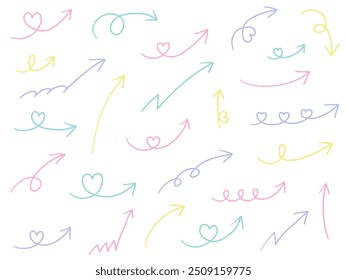 Vector illustration set of hand drawn arrow icons. Direction, simple, heart