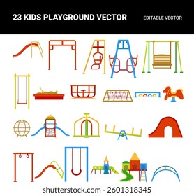 Vector Illustration Set of Hand Drawn Kids Playground Elements: Swings, Slides, and More.