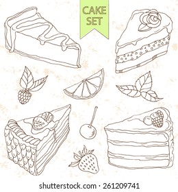 Vector illustration. Set of hand drawn sketch pieces of cakes