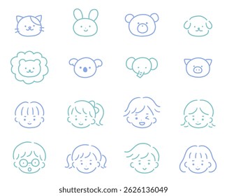 Vector illustration set of hand drawn cute icons. Hand drawn, animals, children, doodle