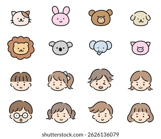 Conjunto de Ilustración vectorial de iconos lindos dibujados a mano. Dibujado a mano, animales, niños, doodle