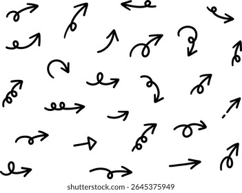 Ilustração vetorial de ícones de seta solta desenhados à mão. Rabiscar, puxado à mão, simples