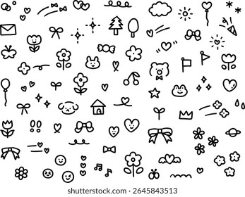 Vector illustration set of hand drawn ornament illustrations. Hand drawn, ribbons, flowers, doodles, hearts, stars